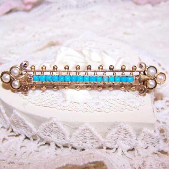 Antique Victorian 14K Gold Persian Turquoise Natural Pearl Etruscan Revival Pin - Picture 3 of 8